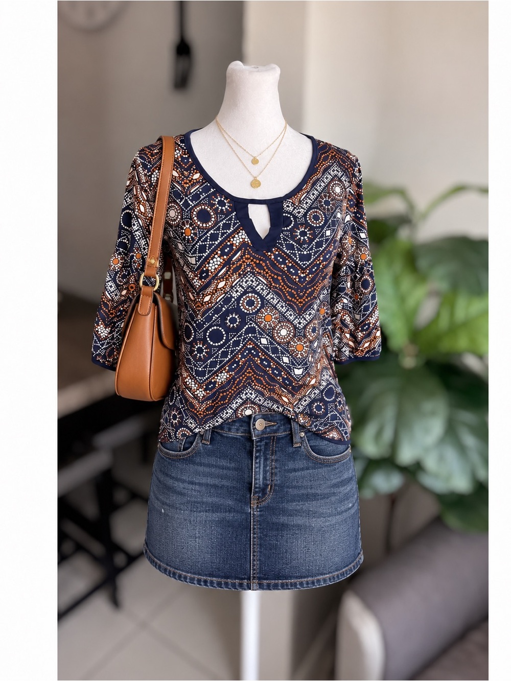 Espresso Women’s Size S Boho Geometric Keyhole 3/4 Sleeve Tunic Top